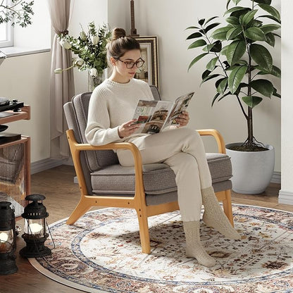 Accent Chair with Solid Wood Frame, Mid-Century Relaxing Armchair Lumbar Pillow& Soft Cushion, Reading Leisure Chair for Living Room, Bedroom, Waiting Room-Grey