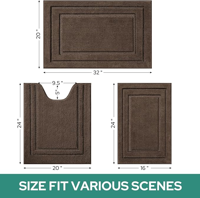 HOMEIDEAS Bathroom Rugs Sets 3 Piece, Super Soft and Absorbent Non Slip Microfiber Toilet Bath Mat with U-Shaped (Brown)