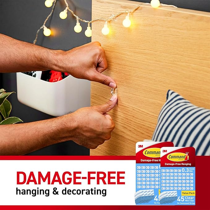 Command Indoor Mini Light Clips, Damage Free Hanging Christmas Light Clips, Mini Wall Clips for Hanging Indoor Christmas Decorations, Lights and Cables, 90 Clear Clips and 108 Strips
