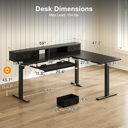 Casaottima 59 Inch Electric L-Shaped Standing Desk with Drawers, Height Adjustable Stand Up Corner Desk with Monitor Stand & Keyboard Tray, Lift Table for Home Office, Workstation, Black