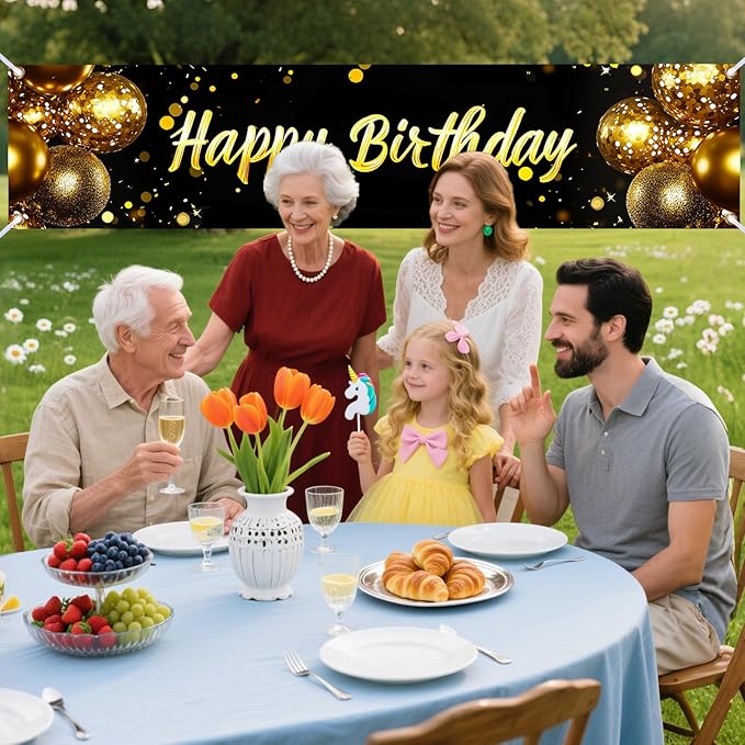 Nuxovilar Happy Birthday Banner Decorations 17.72x78.74 Inch Black Gold Balloon Theme - Polyester for Indoor Outdoor Birthday Party Decor