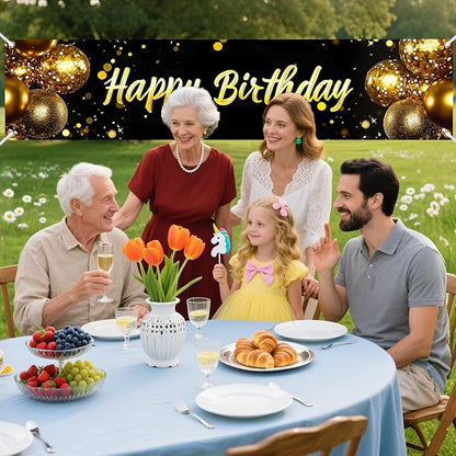 Nuxovilar Happy Birthday Banner Decorations 17.72x78.74 Inch Black Gold Balloon Theme - Polyester for Indoor Outdoor Birthday Party Decor