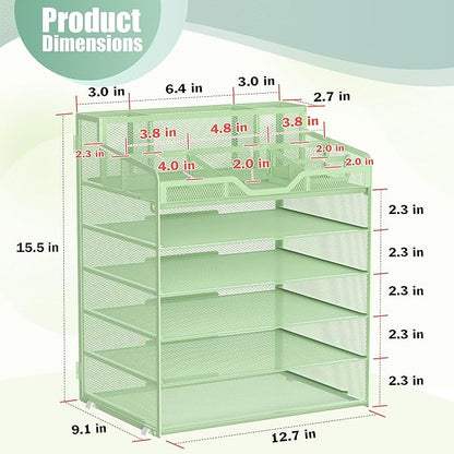 Docnest 6 Tier Mesh Desk Organizer for Paper Office Supplies – Multi-Functional Letter Tray with 5 Adjustable Compartments, 6 Pen Holders, Desktop Storage for Files, Mail, Stationery – Green