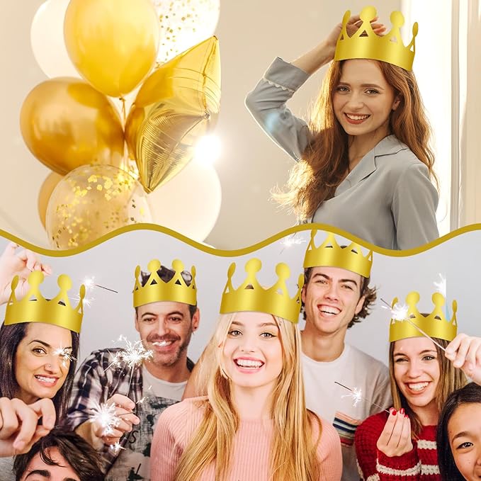 100 Pcs Birthday Crowns for Kids, Golden King Paper Crown Bulk Foldable & Adjustable Birthday Party Favors Hats Baby Shower Headwear for New Year Celebration Wedding Anniversary Photo Props Supplies