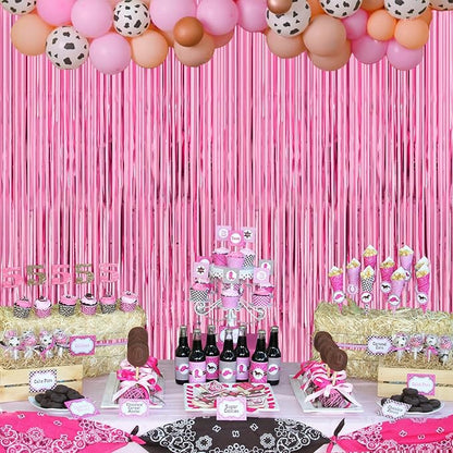 Thicken Pink Streamers 4 Pack 3.2 x 8.2 FT, Pink Birthday Decorations for Girls, Tinsel Backdrop Curtains, Foil Fringe Photo Backdrop for Bachelorette, Graduation, Baby Shower Party Decorations