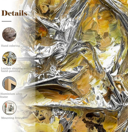 BrightA Textured silver leather abstract art - vibrant spray-painted fluid colors (yellow/orange/green) with solid wood frames, modern wall sculptures, contemporary living room 27.5"x 39.4"