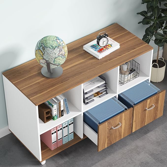 Tribesigns 63 inches Executive Desk and 47" lateral File Cabinet, L-Shaped Computer Desk Home Office Furniture Set with Drawers and Storage Shelves, Office Table with Cabinet (Walnut+White, 63)