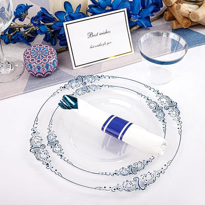 Hioasis 175pcs Clear Blue Plastic Plates - Elegant Disposable Dinnerware Set Suitable for 25 Guests Include 10.25" Dinner & 7.5" Dessert Plates, Pre Rolled Silverware Set, Cups for Party & Christmas