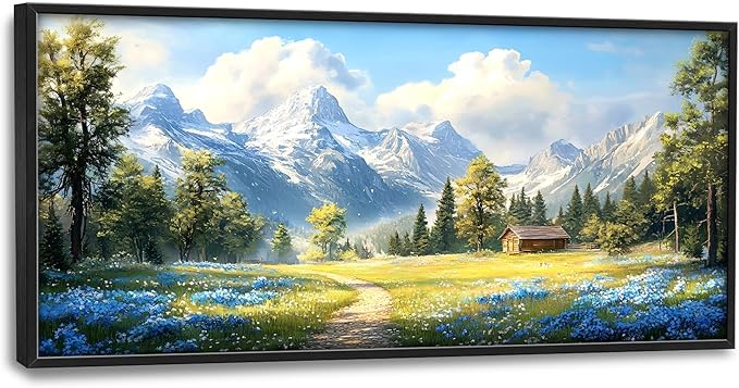 Mountain Large Wall Art Framed Wall Decor for Living Room, Countryside Wildflowers Pictures Oversized Canvas Print Painting Modern Extra Large Framed Artwork for Bedroom Office Home Decor 60"x30"