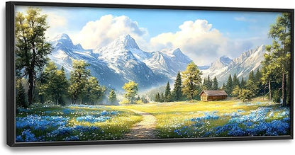 Mountain Large Wall Art Framed Wall Decor for Living Room, Countryside Wildflowers Pictures Oversized Canvas Print Painting Modern Extra Large Framed Artwork for Bedroom Office Home Decor 60"x30"