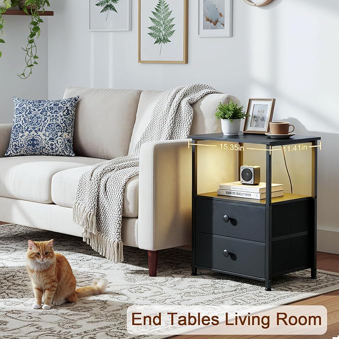 Night Stand Set 2, LED Nightstand with Charging Station, End Tables with Storage Shelf, Bed Side Table with 2 Fabric Drawers for Bedroom, Small Spaces, Black, HETS02BK