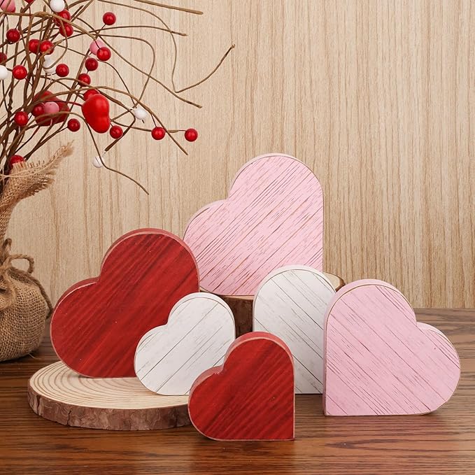 6pcs Valentines Day Decorations Red Pink White Rustic Heart Wooden Sign Valentine's Day Tiered Tray Decor Tabletop Valentines Day Centerpieces for Wedding Anniversary Home Party Supplies