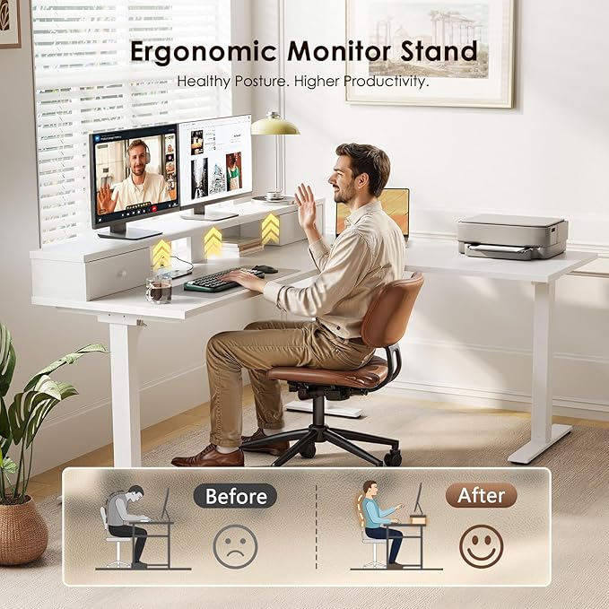 Casaottima 59 Inch Electric L-Shaped Standing Desk with Drawers, Height Adjustable Stand Up Corner Desk with Monitor Stand, Lift Table for Home, Office, Workstation, White