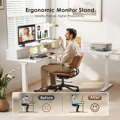 Casaottima 59 Inch Electric L-Shaped Standing Desk with Drawers, Height Adjustable Stand Up Corner Desk with Monitor Stand, Lift Table for Home, Office, Workstation, White