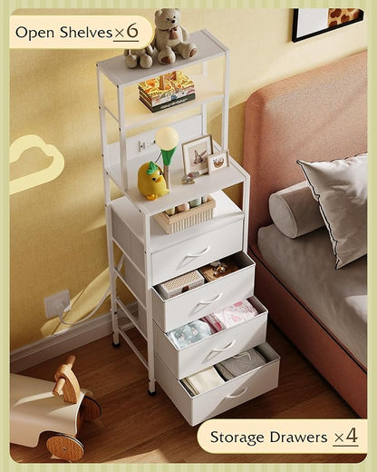 WLIVE Tall Nightstand with Charging Station, LED Night Stand with 4 Drawers and Storage Open Shelves, Fabric Dresser for Bedroom, Living Room, Office, White