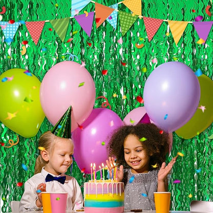 4 Pack Green Fringe Curtain Backdrop 3.2Ft x 8.2Ft Metallic Tinsel Foil Fringe Streamers Background for Photo Booth, Easter, Mother's Day, Bachelorette, Wedding, Birthday Party Decoration