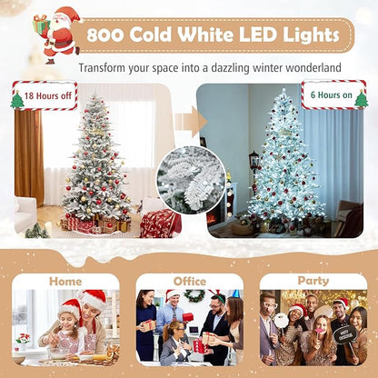 GOFLAME 8FT Pre-Lit Christmas Tree Snow Flocked, Hinged Artificial Xmas Tree with 1447 Branch Tips, 800 Cold White LED Lights, 3 Lighting Modes, Timer, Remote, Holiday Decoration Tree for Home Party