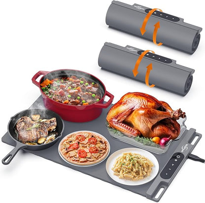 Electric Warming Mat for Food (2-Pack)-Full Surface Fast Heating Silicone Warmer Tray with 3-Level Temperature, Auto-Off, Raised Feet for Table Protection for Gatherings, Parties,Home Buffets