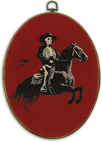 CUANFDDSF Vintage Western Skeleton Cowboy Oval Wall Art Decor, Rustic Western Wall Hanging Decor, Gothic Skeleton Cowboy Rodeo Framed Canvas Prints for Home Bedroom Living Room, 8.6x11.4 Inch