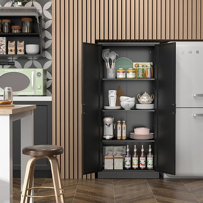 Kitchen Cabinet Storage,60”Metal Pantry Cabinet with Doors and 3 Adjustable Shelves,Food Pantry Cabinets with 2 Gold Handles,Black Tall Storage Cabinet for Livingroom,Pantry,Bathroom,Kitchen