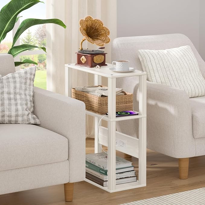 3 Tier Small Narrow Bamboo Side Table Set of 2 with Charging Station - Skinny Nightstand for Small Spaces, Slim Bedside Table with USB Ports and Outlets - Thin End Table with Storage, Grey White