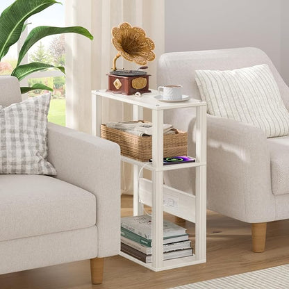 3 Tier Small Narrow Bamboo Side Table Set of 2 with Charging Station - Skinny Nightstand for Small Spaces, Slim Bedside Table with USB Ports and Outlets - Thin End Table with Storage, Grey White