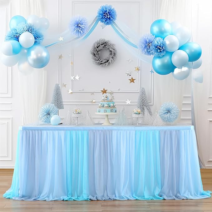 Tulle Table Skirt Blue Tutu Striped Table Skirts for Rectangle Tables 6ft Baby Shower Under the Sea Baby Shark Birthday Parties Decoration