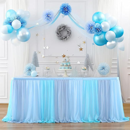 Tulle Table Skirt Blue Tutu Striped Table Skirts for Rectangle Tables 6ft Baby Shower Under the Sea Baby Shark Birthday Parties Decoration