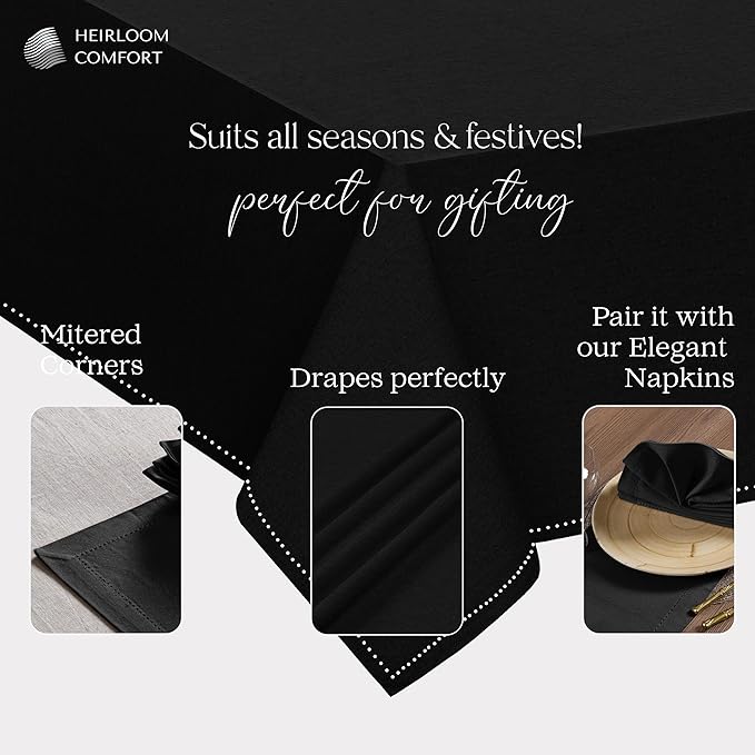 Black Cotton Table Cloth, 60x86 Inch, Fits 6-8 Seats, Soft, Durable, Washable, Wrinkle Resistant, Rectangle Tablecloth for Dining, Formal Dinner, Party Decor, Events, All Seasons