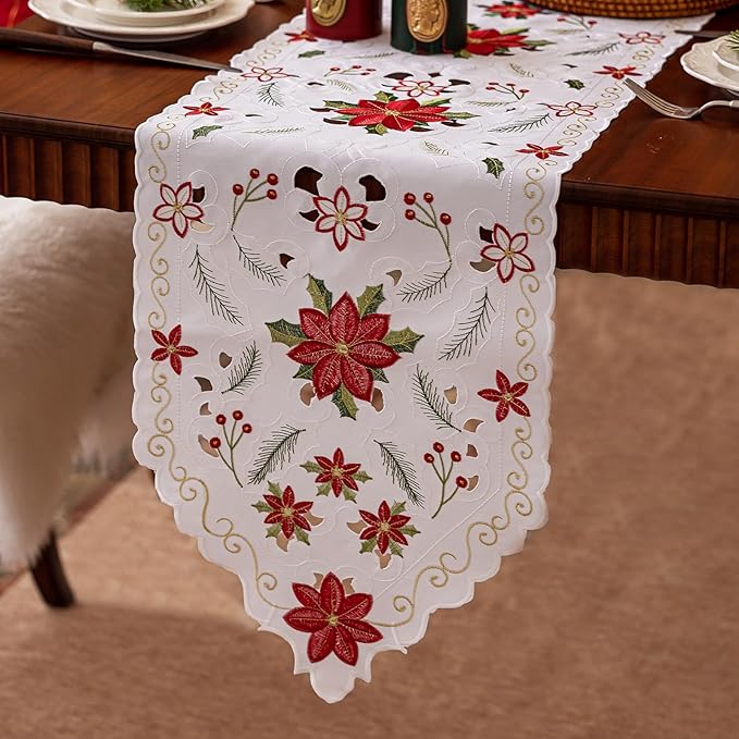 Joyfol Day Christmas Florals Table Runner 14 x 59 Inch, Embroidered Cutwork Poinsettia Holly Leaves Table Runners, Winter Holiday Flowers Tabletop for Xmas Party Decorations