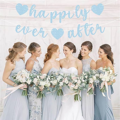 Pre-Strung Happily Ever After Banner - Light Blue Glitter Bachelorette Bridal Engagement Party Decoration Supplies, Bachelorette Wedding Party Banner for Engagement, Bridal Shower, Wedding Party Photo Booth Props