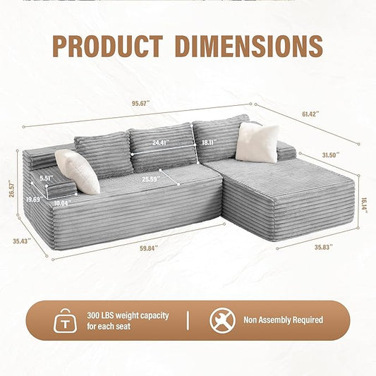 Hobestluk Modular Sectional Sofa Couches L-Shape Couch 3 Seat Modular Sofa Memory Foam Sectional Couches for Living Room, Cloud Couch with Oversized Chaise (96“ Right Facing)