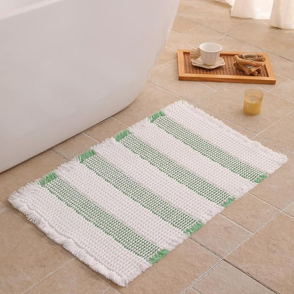 Waffle Bath Mat Non Slip, Boho Bathroom Rug, Super Absorbent Quick Dry Bathroom Mat, Soft Farmhouse Bath Rug with Tassels, Small Washable Shower Mats for Floor 16"x24", White and Green