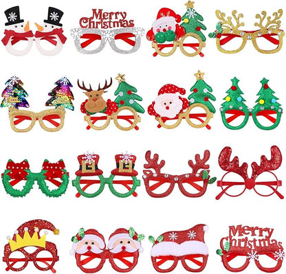 16 Pieces Christmas Glitter Eyeglasses Holiday Party Glasses Supplies Antlers Reindeer Snowman Shape for Xmas Decorations Assorted Styles