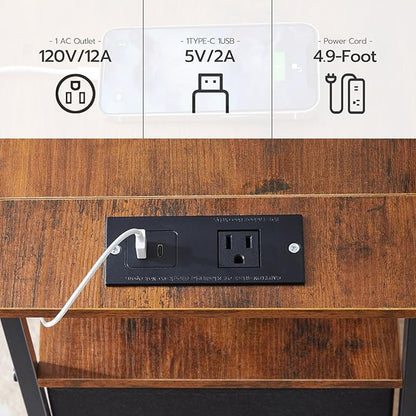 HOOBRO End Table with Charging Station, Narrow Side Table, Nightstand with 2 Non-Woven Drawers, Slim Sofa Side Table, for Small Spaces, Living Room, Bedroom, Rustic Brown and Black BF486UBZ01