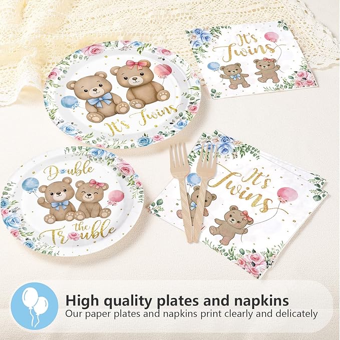 96Pcs Twin Bear Boy Girl Baby Shower Party Supplies It's Twins Pink Blue Floral Plates and Napkins Disposable Double the Trouble Tableware Set Newborn Gender Reveal Theme Party Decorations Serves 24
