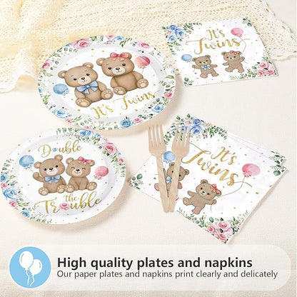 96Pcs Twin Bear Boy Girl Baby Shower Party Supplies It's Twins Pink Blue Floral Plates and Napkins Disposable Double the Trouble Tableware Set Newborn Gender Reveal Theme Party Decorations Serves 24