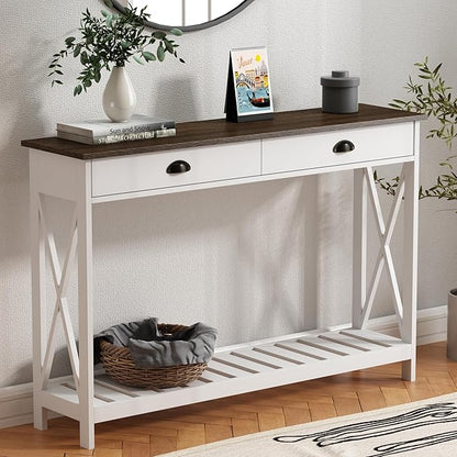 ChooChoo 47" Farmhouse Console Table with Drawer for Entryway, Narrow Long Entry Table with Shelf for Living Room, Rustic Vintage Hallway Sofa Table with Stable X Supports, White