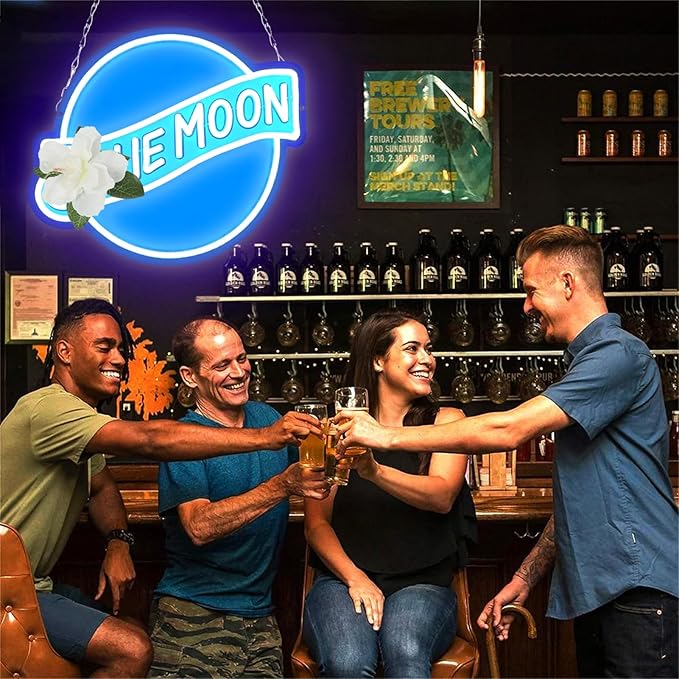 JFLLamp Blue Moon Neon Signs for Wall Decor Neon Lights for Bedroom Led Signs Suitable for Man Cave Bar Pub Restaurant Christmas Birthday Party Gift 5V Usb Power, 14 * 12.2 Inch(Azure+White)
