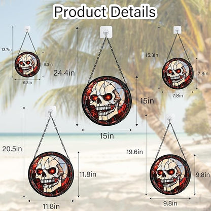 Stained Glass Window Hanging - Halloween Decorations White Skeleton Suncatcher for Doors Garden Indoor Spooky Funny Red Sun Catchers Gothic Decor Horror Gifts for Women Men Friend 7.8 in