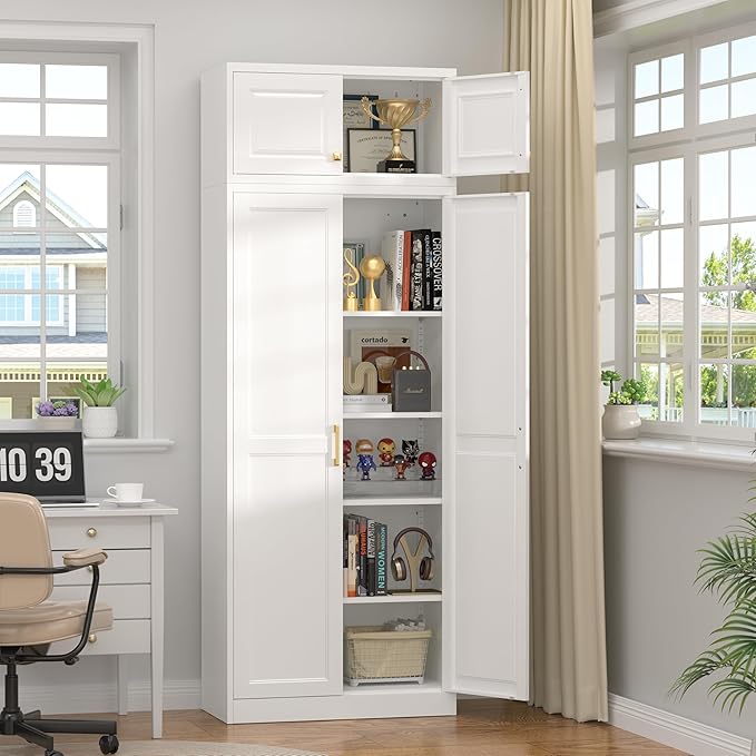 Kitchen Pantry Storage Cabinets, 86" Tall Metal Storage Cabinet with Doors and 4 Shelves, Food Pantry Cabinet, White Kitchen Cupboard, Large Steel Cabinets for Dining, Office, Living Room