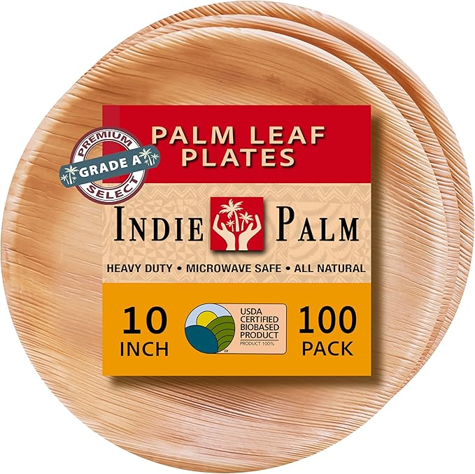 Disposable Palm Leaf Plates - 100 Pack - 10 Inch Round - Compostable & Biodegradable - Heavy Duty, Eco-Friendly, Microwave Safe - Like Bamboo Plates - Perfect for Events & Parties