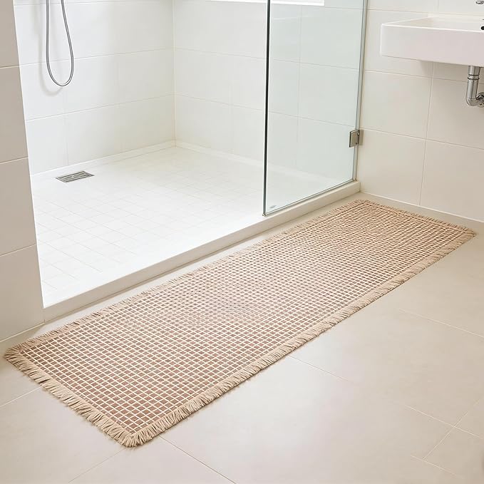 Waffle Runner Rug Non Slip, Boho Bath Mat, Super Absorbent Quick Dry Long Bath Runner Bathroom, Soft Farmhouse Bath Rug with Tassels, Washable Shower Mats for Floor 24"x72", Brown