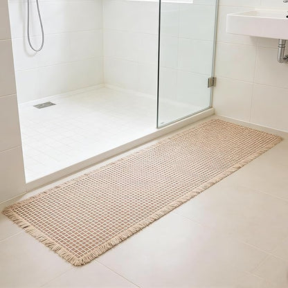 Waffle Runner Rug Non Slip, Boho Bath Mat, Super Absorbent Quick Dry Long Bath Runner Bathroom, Soft Farmhouse Bath Rug with Tassels, Washable Shower Mats for Floor 24"x72", Brown