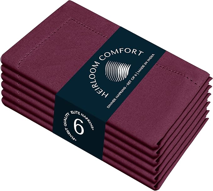 Burgundy Wine Cloth Napkins 18"x18", Set of 6-100% Cotton, Soft, Absorbent, Durable, Reusable, Washable - Hemstitch Mitered Edges - Ideal for Weddings, Receptions, Holiday Events