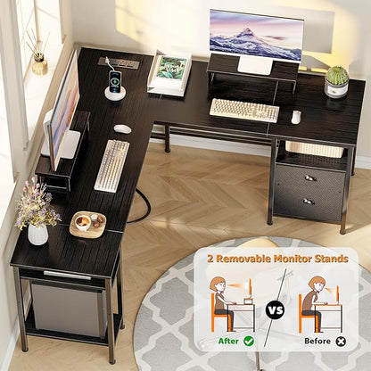 Furologee 59” L Shaped Desk with Power Outlet, Reversible Computer Desk with File Drawer & 2 Monitor Stands, Corner Home Office Table with Storage Shelves for Gaming Writing, Black