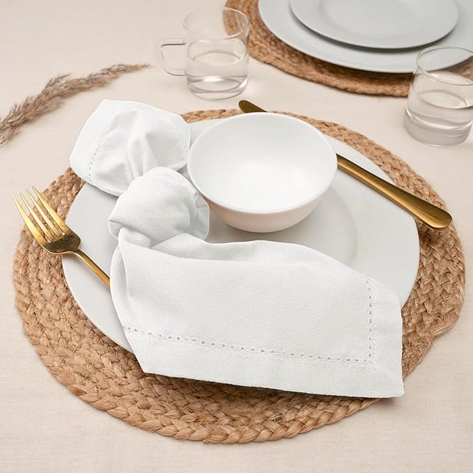 Blue Needles Set of 6 Hemstitch Linen Napkins 100% Cotton White Cloth Dinner Napkins 18x18 inches, Soft, Reusable, Absorbent, Washable, Ideal for Fall Thanksgiving Events, Parties & Everyday Use