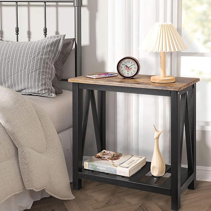 Narrow Side Table Rectangular End Tables with Storage Shelf Small Industrial Nightstands Bedside Table for Small Spaces Living Room Bedroom Bathroom Brown Smooth Tabletop and Black Legs
