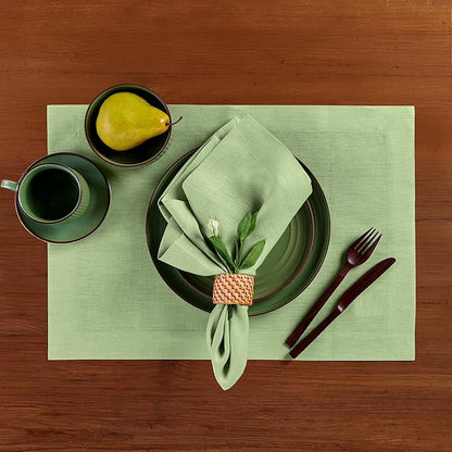 Solino Home Linen Placemats Set of 4 - Laurel Green Placemats 14 x 19 Inch - 100% Pure Linen Table Place Mats for Fall, Autumn - Fete