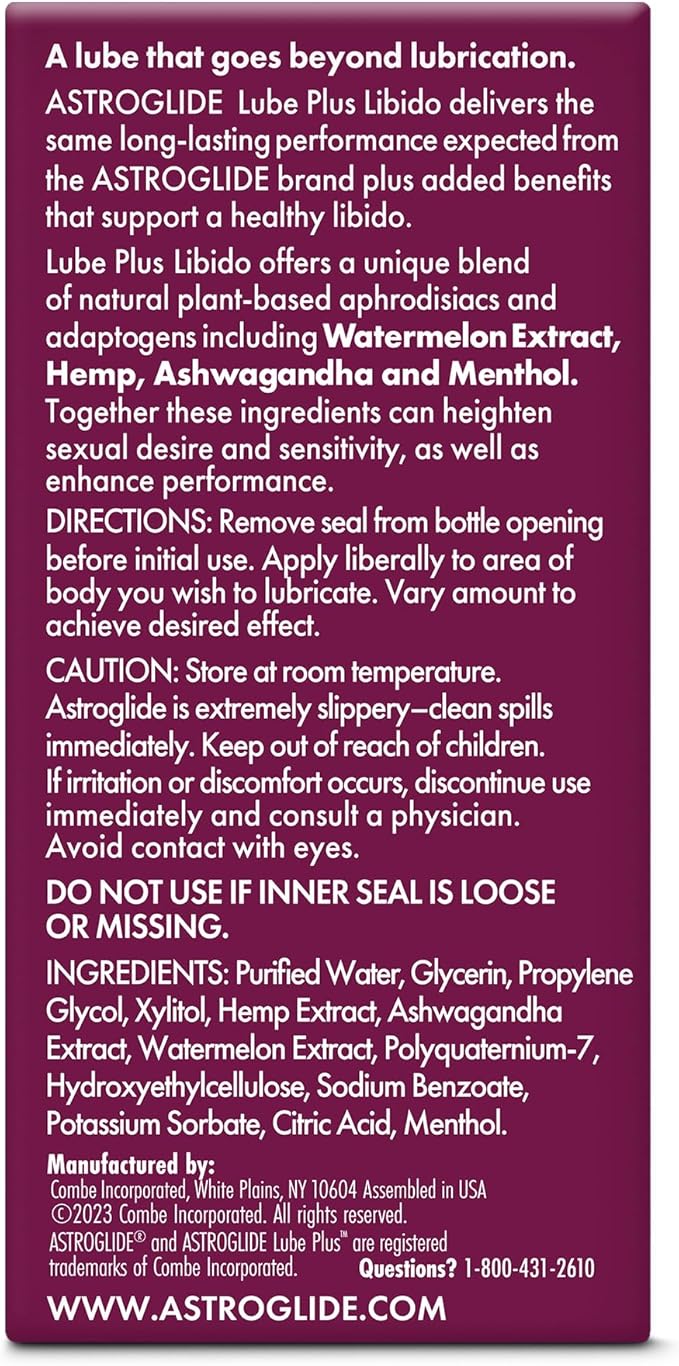 Astroglide Lube Plus Libido (2.5oz), Intimate Arousal Lube Heightens Desire and Sensitivity, Water Based Personal Lubricant, Enhances Pleasure for Women, Men, Couples, Travel Size (Packaging May Vary)
